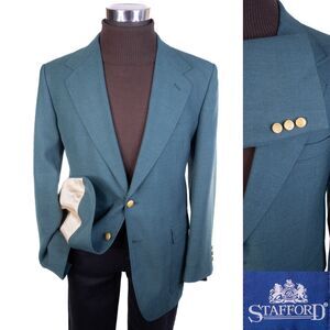 Stafford 40R Green Dacron Poly Worsted Wool Gold Button Blazer Jacket Sport Coat